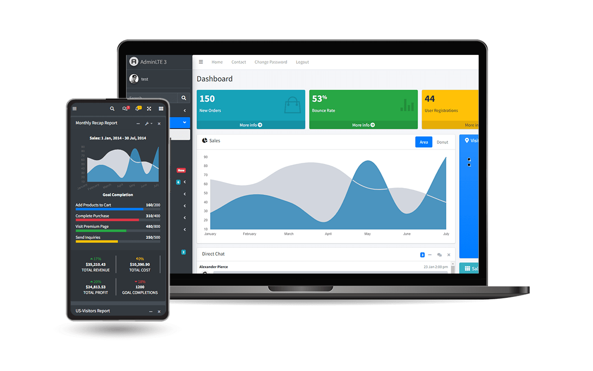 Mobile and Desktop Screen-shots for Flask AdminLTE PRO - Premium Flask enhanced with Dynamic Tables, Charts, OAuth, Docker support and CI/CD Scripts for Render