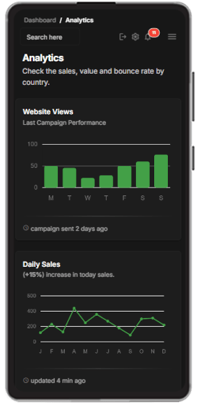 Mobile View for Flask Material Dashboard PRO - Premium Starter styled with Bootstrap 5