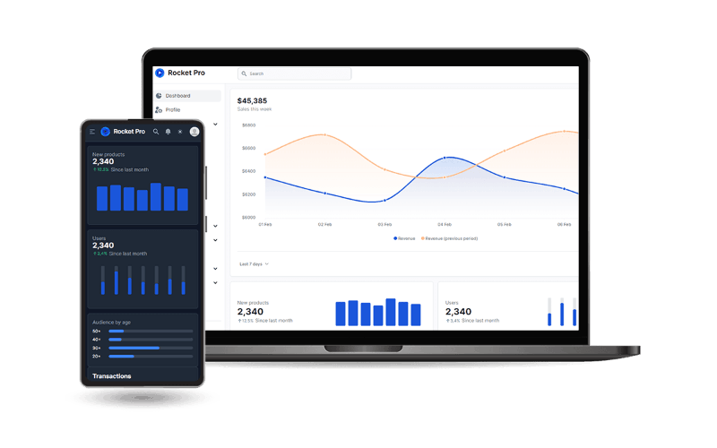 Mobile and Desktop Screen-shots for Rocket Website Template - Site Template with blog section, projects section and AI Integration